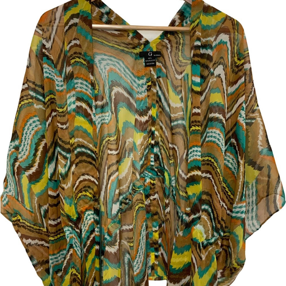 Brown, Teal and Yellow Draped Print Kimono Top